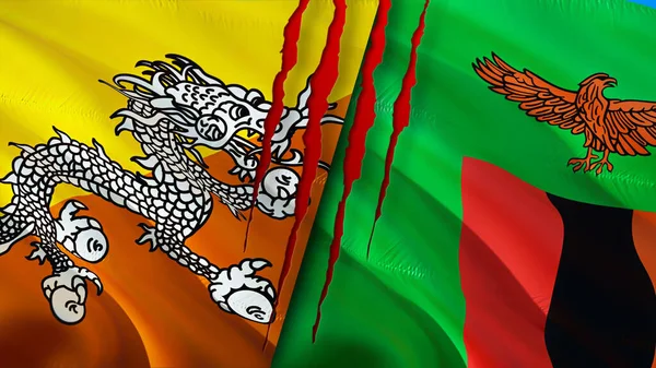 Butão Zâmbia Bandeiras Com Conceito Cicatriz Bandeira Ondulada Renderização Conceito — Fotografia de Stock