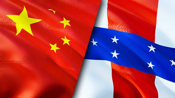 China and Netherlands Antilles flags. 3D Waving flag design. China Netherlands Antilles flag, picture, wallpaper. China vs Netherlands Antilles image,3D rendering. China Netherlands Antille