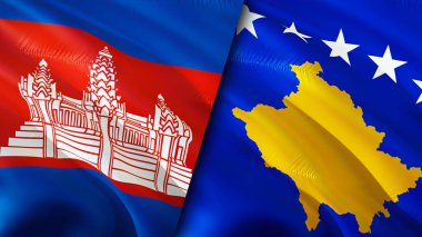 Kamboçya ve Kosova bayrakları. 3 boyutlu dalgalanan bayrak tasarımı. Kamboçya Kosova bayrağı, resim, duvar kağıdı. Kamboçya, Kosova 'nın imajına karşı, 3D görüntüleme. Kamboçya Kosova ilişkileri ittifak ve ticaret, seyahat ve turizm consepti