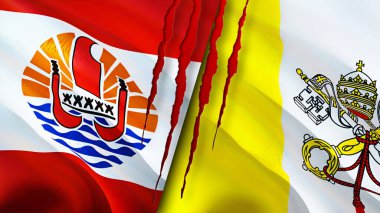 Fransız Polinezyası ve yara izi olan Vatikan bayrakları. Dalgalanan bayrak, 3 boyutlu görüntüleme. Fransız Polinezyası ve Vatikan çatışma konsepti. Fransız Polinezya Vatikan ilişkileri kavramı. Fransız Polynesi bayrağı