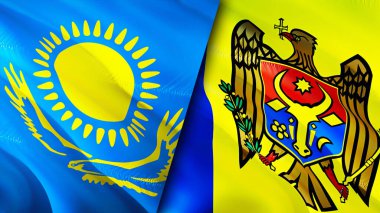 Kazakistan ve Moldova bayrakları. 3 boyutlu dalgalanan bayrak tasarımı. Kazakistan Moldova bayrağı, resim, duvar kağıdı. Kazakistan, Moldova görüntüsüne karşı, 3D görüntüleme. Kazakistan Moldova ilişkileri bir ittifak