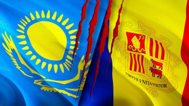 Kazakistan ve Andorra yara izi olan bayraklar. Dalgalanan bayrak, 3 boyutlu görüntüleme. Kazakistan ve Andorra çatışma konsepti. Kazakistan Andorra ilişkileri kavramı. Kazakistan bayrağı ve Andorra krizi, savaş