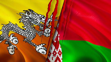 Bhutan ve Belarus yara izi olan bayraklar. Dalgalanan bayrak, 3 boyutlu görüntüleme. Bhutan ve Belarus çatışma konsepti. Butan Belarus ilişkileri kavramı. Bhutan bayrağı ve Belarus krizi, savaş, saldırı konsepti