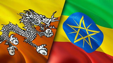 Butan ve Etiyopya bayrakları. 3 boyutlu dalgalanan bayrak tasarımı. Butan Etiyopya bayrağı, resim, duvar kağıdı. Butan Etiyopya 'ya karşı, görüntü 3 boyutlu. Butan Etiyopya ilişkileri ittifak ve ticaret, seyahat, turizm konsepti