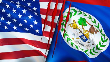 ABD ve Belize bayrakları yara izi konseptiyle. Dalgalanan bayrak, 3 boyutlu görüntüleme. ABD ve Belize çatışma konsepti. USA Belize ilişkileri kavramı. ABD bayrağı ve Belize krizi, savaş, saldırı konsepti