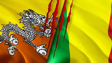 Bhutan ve Mali bayrakları yara izi konseptiyle. Dalgalanan bayrak, 3 boyutlu görüntüleme. Butan ve Mali çatışma konsepti. Butan Mali ilişkileri kavramı. Bhutan ve Mali bayrağı kriz, savaş, saldırı konsepti