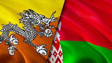 Butan ve Belarus bayrakları. 3 boyutlu dalgalanan bayrak tasarımı. Butan Belarus bayrağı, resim, duvar kağıdı. Bhutan, Belarus 'a karşı, görüntü 3 boyutlu. Butan Belarus ilişkileri ittifak ve ticaret, seyahat, turizm konsepti