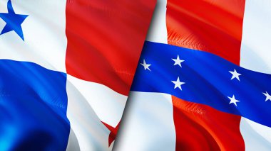 Panama ve Hollanda Antilleri bayrakları. 3 boyutlu dalgalanan bayrak tasarımı. Panama Hollanda Antilleri bayrağı, resim, duvar kağıdı. Panama, Hollanda Antilleri 'ne karşı. Görüntü 3D. Panama Hollanda AntilleriName
