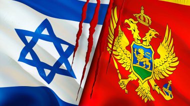 Yara izi kavramına sahip İsrail ve Karadağ bayrakları. Dalgalanan bayrak, 3 boyutlu görüntüleme. İsrail ve Karadağ çatışma konsepti. İsrail-Karadağ ilişkileri kavramı. İsrail ve Karadağ 'ın bayrağı kriz, savaş, attac