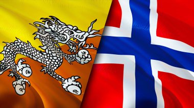 Butan ve Norveç bayrakları. 3 boyutlu dalgalanan bayrak tasarımı. Butan Norveç bayrağı, resim, duvar kağıdı. Butan Norveç 'e karşı, görüntü 3D. Butan Norveç ilişkileri ittifak ve ticaret, seyahat, turizm konsepti