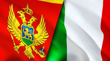 Karadağ ve İtalya bayrakları. 3 boyutlu dalgalanan bayrak tasarımı. Karadağ İtalya bayrağı, resim, duvar kağıdı. Karadağ İtalya 'ya karşı, görüntü 3 boyutlu. Karadağ İtalya ile ilişkiler ittifak ve ticaret, seyahat, turnuva