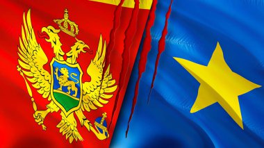 Karadağ ve DR Kongo yara izi kavramına sahip bayraklar. Dalgalanan bayrak, 3 boyutlu görüntüleme. Karadağ ve DR Kongo çatışma konsepti. Karadağ DR Kongo ilişkileri kavramı. Karadağ ve DR Cong bayrağı