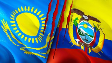 Kazakistan ve Ekvador bayraklarında yara izi var. Dalgalanan bayrak, 3 boyutlu görüntüleme. Kazakistan ve Ekvador çatışması kavramı. Kazakistan Ekvador ilişkileri kavramı. Kazakistan bayrağı ve Ekvador krizi, savaş