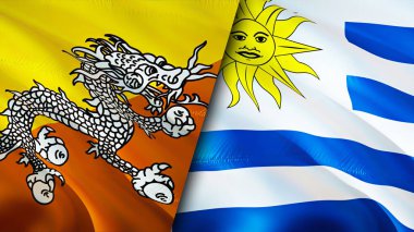 Bhutan ve Uruguay bayrakları. 3 boyutlu dalgalanan bayrak tasarımı. Butan Uruguay bayrağı, resim, duvar kağıdı. Bhutan, Uruguay 'a karşı, görüntü 3 boyutlu. Butan Uruguay ilişkileri ittifak ve ticaret, seyahat, turizm konsepti