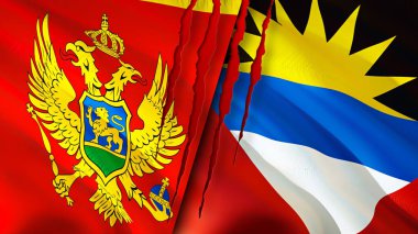 Karadağ, Antigua ve Barbuda yara izi kavramına sahip bayraklar. Dalgalanan bayrak, 3 boyutlu görüntüleme. Karadağ ve Antigua ve Barbuda ihtilaf kavramı. Karadağ Antigua ve Barbuda ilişkileri kavramı. bayrak o