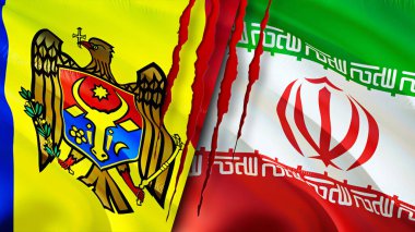 Moldova ve İran yara izi kavramına sahip bayraklar. Dalgalanan bayrak, 3 boyutlu görüntüleme. Moldova ve İran çatışma konsepti. Moldova İran ilişkileri kavramı. Moldova ve İran bayrağı kriz, savaş, saldırı konsepti