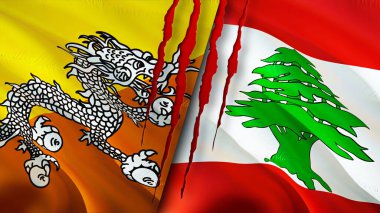 Bhutan ve Lübnan bayrakları ve yara izi konsepti. Dalgalanan bayrak, 3 boyutlu görüntüleme. Butan ve Lübnan çatışma konsepti. Butan Lübnan ilişkileri kavramı. Butan ve Lübnan bayrağı krizi, savaş, saldırı konsepti