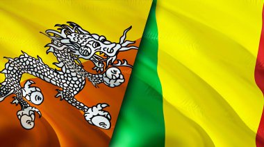 Butan ve Mali bayrakları. 3 boyutlu dalgalanan bayrak tasarımı. Butan Mali bayrağı, resim, duvar kağıdı. Butan, Mali imajına karşı, 3D görüntüleme. Butan Mali ilişkileri ittifak ve ticaret, seyahat, turizm konsepti