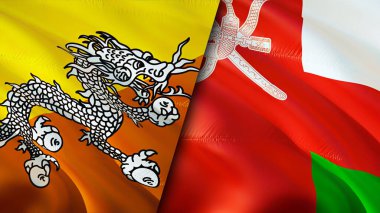 Bhutan ve Umman bayrakları. 3 boyutlu dalgalanan bayrak tasarımı. Bhutan Umman bayrağı, resim, duvar kağıdı. Bhutan, Umman 'a karşı imajı, 3 boyutlu görüntüleme. Bhutan Umman ilişkileri ittifak ve ticaret, seyahat, turizm konsepti