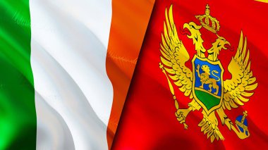 İrlanda ve Karadağ bayrakları. 3 boyutlu dalgalanan bayrak tasarımı. İrlanda Karadağ bayrağı, resim, duvar kağıdı. İrlanda, Karadağ 'ın imajına karşı, 3D görüntüleme. İrlanda-Karadağ savaş ittifakı kavramı ile ilişkileri var. Ticaret