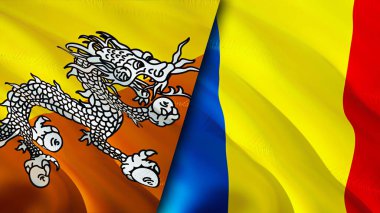 Butan ve Romanya bayrakları. 3 boyutlu dalgalanan bayrak tasarımı. Butan Romanya bayrağı, resim, duvar kağıdı. Bhutan, Romanya 'nın imajına karşı, 3D görüntüleme. Butan Romanya ilişkileri ittifak ve Ticaret, seyahat, turizm consepti