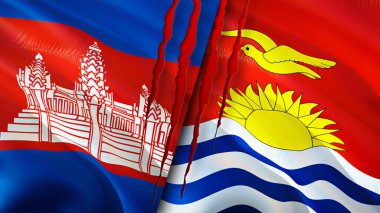 Kamboçya ve Kiribati bayraklarında yara izi var. Dalgalanan bayrak, 3 boyutlu görüntüleme. Kamboçya ve Kiribati çatışma konsepti. Kamboçya Kiribati ilişkileri kavramı. Kamboçya bayrağı ve Kiribati krizi, savaş, attac