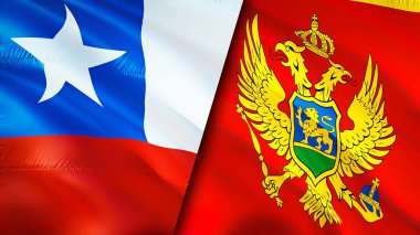 Şili ve Karadağ bayrakları. 3 boyutlu dalgalanan bayrak tasarımı. Şili Karadağ bayrağı, resim, duvar kağıdı. Şili, Karadağ 'a karşı, görüntü 3D. Şili Karadağ ilişkileri ittifak ve ticaret, seyahat, turnuva