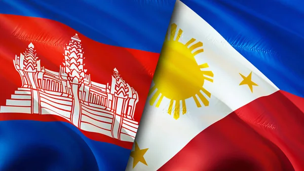 Cambodia and Philippines flags. 3D Waving flag design. Cambodia Philippines flag, picture, wallpaper. Cambodia vs Philippines image,3D rendering. Cambodia Philippines relations alliance an