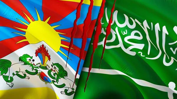 Tibet and Saudi Arabia flags. 3D Waving flag design. Tibet Saudi Arabia flag, picture, wallpaper. Tibet vs Saudi Arabia image,3D rendering. Tibet Saudi Arabia relations alliance an