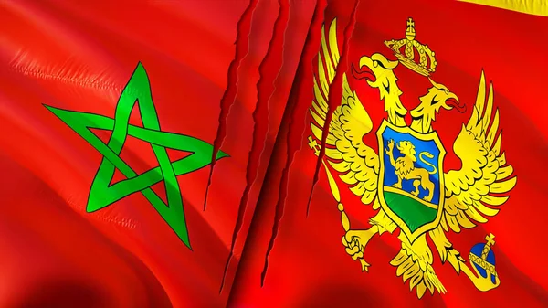 Bandeiras Marrocos Montenegro Com Conceito Cicatriz Bandeira Ondulada Renderização Conceito — Fotografia de Stock