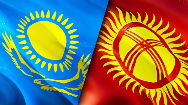 Kazakhstan and Kyrgyzstan flags. 3D Waving flag design. Kazakhstan Kyrgyzstan flag, picture, wallpaper. Kazakhstan vs Kyrgyzstan image,3D rendering. Kazakhstan Kyrgyzstan relations alliance an
