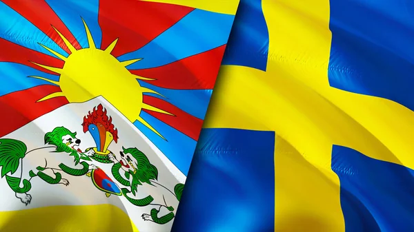 Tibet and Sweden flags with scar concept. Waving flag,3D rendering. Tibet and Sweden conflict concept. Tibet Sweden relations concept. flag of Tibet and Sweden crisis,war, attack concep