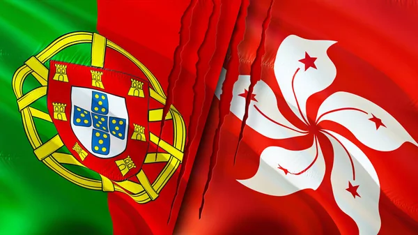 Portugal and Hong Kong flags with scar concept. Waving flag,3D rendering. Portugal and Hong Kong conflict concept. Portugal Hong Kong relations concept. flag of Portugal and Hong Kong crisis,war