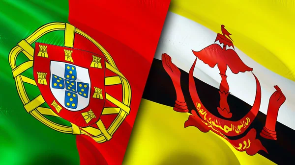 Banderas Portugal Brunei Diseño Banderas Waving Portugal Brunei Bandera Foto — Foto de Stock