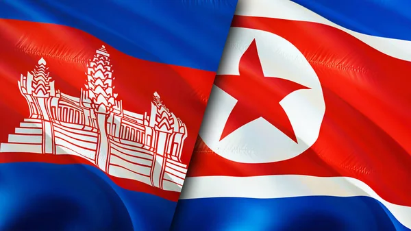 Cambodia and North Korea flags. 3D Waving flag design. Cambodia North Korea flag, picture, wallpaper. Cambodia vs North Korea image,3D rendering. Cambodia North Korea relations alliance an