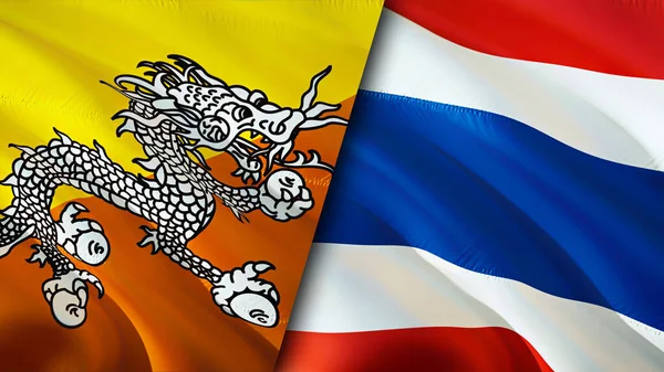 Bhutan and Thailand flags. 3D Waving flag design. Bhutan Thailand flag, picture, wallpaper. Bhutan vs Thailand image,3D rendering. Bhutan Thailand relations alliance and Trade,travel,tourism concep