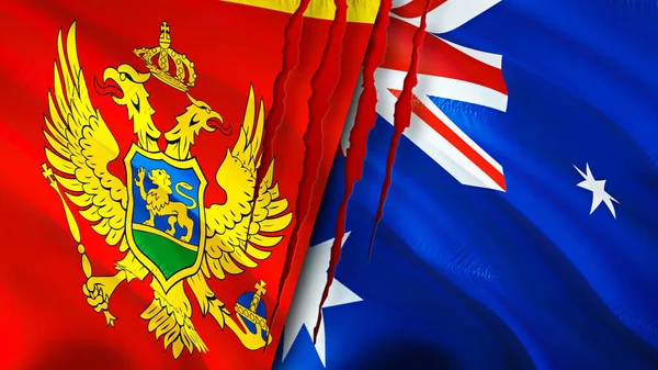 Montenegro and Australia flags with scar concept. Waving flag,3D rendering. Montenegro and Australia conflict concept. Montenegro Australia relations concept. flag of Montenegro and Australi