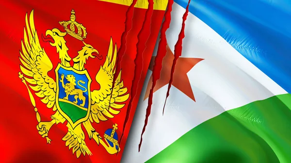 Montenegro and Djibouti flags with scar concept. Waving flag,3D rendering. Montenegro and Djibouti conflict concept. Montenegro Djibouti relations concept. flag of Montenegro and Djibout