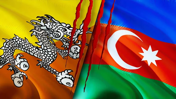 Bhutan and Azerbaijan flags with scar concept. Waving flag,3D rendering. Bhutan and Azerbaijan conflict concept. Bhutan Azerbaijan relations concept. flag of Bhutan and Azerbaijan crisis,war, attac