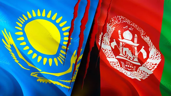 Kazakhstan and Afghanistan flags with scar concept. Waving flag,3D rendering. Kazakhstan and Afghanistan conflict concept. Kazakhstan Afghanistan relations concept. flag of Kazakhstan an