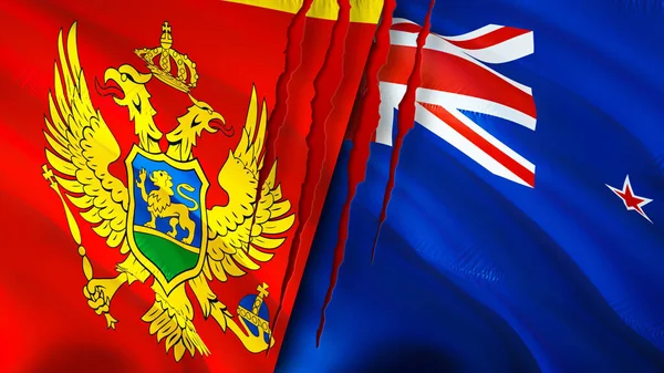 黑山和新西兰国旗上有疤痕概念 飘扬的旗帜 3D渲染 黑山和新西兰冲突概念 黑山新西兰关系概念 黑山和Ne的国旗 — 图库照片