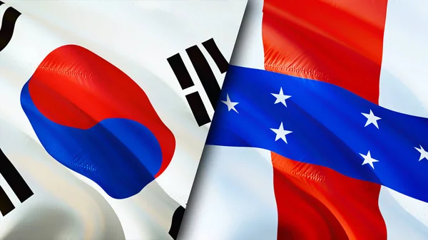South Korea and Netherlands Antilles flags. 3D Waving flag design. South Korea Netherlands Antilles flag, picture, wallpaper. South Korea vs Netherlands Antilles image,3D rendering. South Kore