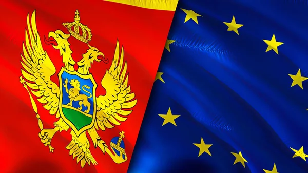 Montenegro and European Union flags. 3D Waving flag design. Montenegro European Union flag, picture, wallpaper. Montenegro vs European Union image,3D rendering. Montenegro European Union relation