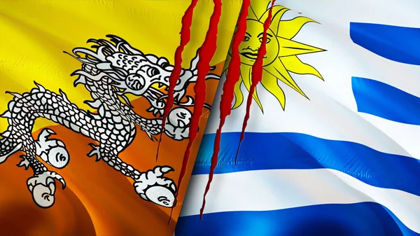 Bhutan and Uruguay flags with scar concept. Waving flag,3D rendering. Bhutan and Uruguay conflict concept. Bhutan Uruguay relations concept. flag of Bhutan and Uruguay crisis,war, attack concep