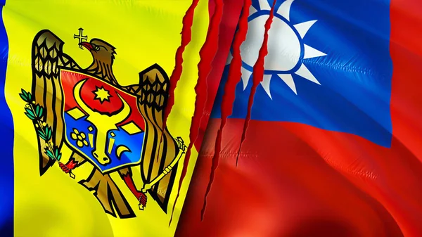 Moldova and Taiwan flags with scar concept. Waving flag,3D rendering. Moldova and Taiwan conflict concept. Moldova Taiwan relations concept. flag of Moldova and Taiwan crisis,war, attack concep