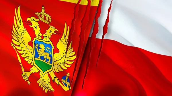 Montenegro and Poland flags with scar concept. Waving flag,3D rendering. Montenegro and Poland conflict concept. Montenegro Poland relations concept. flag of Montenegro and Poland crisis,war, attac