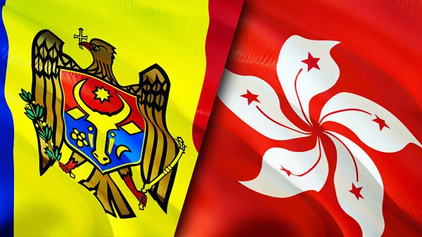 Moldova and Hong Kong flags. 3D Waving flag design. Moldova Hong Kong flag, picture, wallpaper. Moldova vs Hong Kong image,3D rendering. Moldova Hong Kong relations alliance and Trade,travel,touris