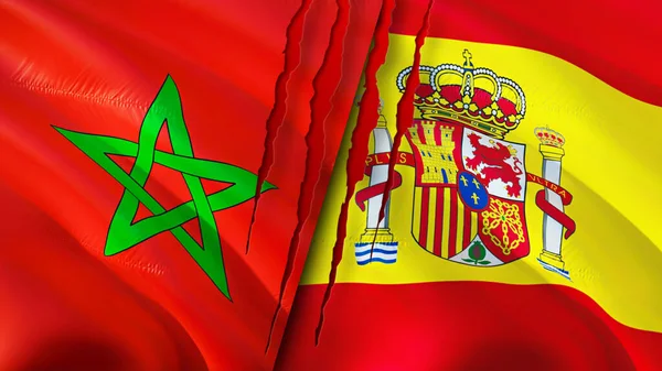 Morocco and Spain flags with scar concept. Waving flag,3D rendering. Morocco and Spain conflict concept. Morocco Spain relations concept. flag of Morocco and Spain crisis,war, attack concep