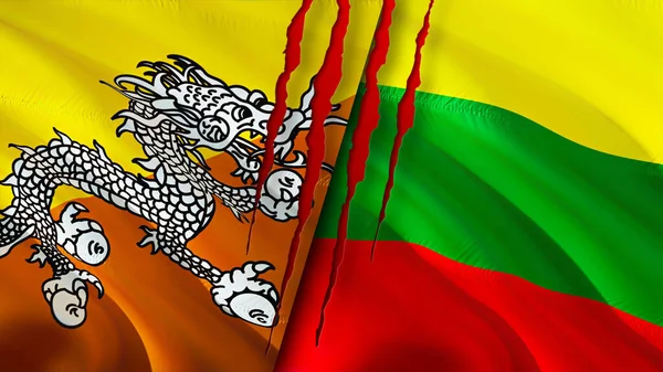 Bhutan and Lithuania flags with scar concept. Waving flag,3D rendering. Bhutan and Lithuania conflict concept. Bhutan Lithuania relations concept. flag of Bhutan and Lithuania crisis,war, attac