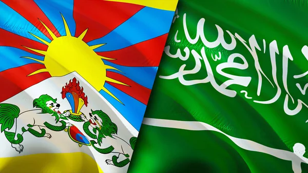 Tibet and Saudi Arabia flags with scar concept. Waving flag,3D rendering. Tibet and Saudi Arabia conflict concept. Tibet Saudi Arabia relations concept. flag of Tibet and Saudi Arabia crisis,war